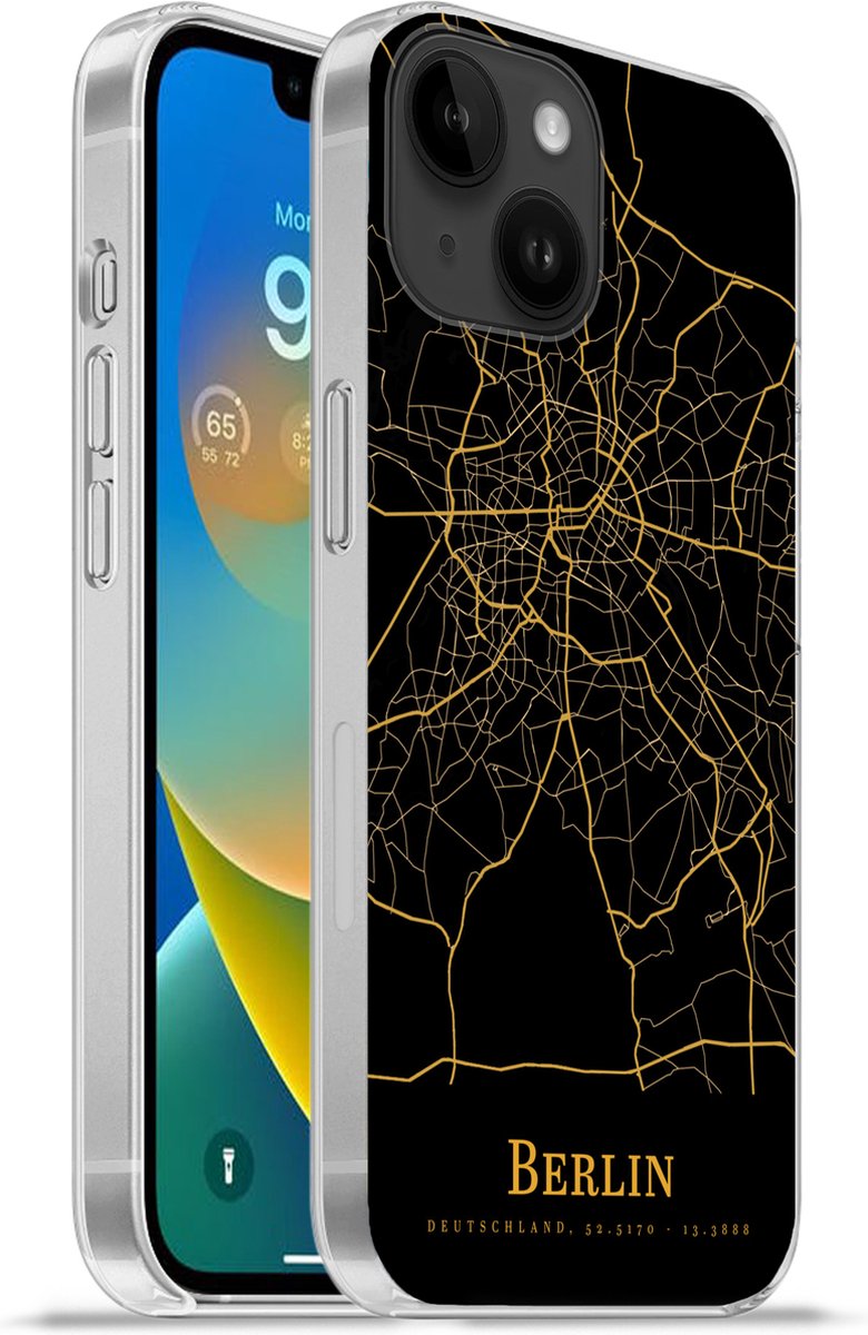 Telefoonhoesje Geschikt voor Apple Iphone 14 hoesje - Berlijn - Kaart - Goud - Siliconen Telefoonhoesje Telefoonhoesje