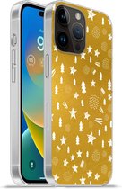 Geschikt voorApple Iphone 14 Pro - Softcase hoesje - Kerst - Feest - Goud - Siliconen Telefoonhoesje