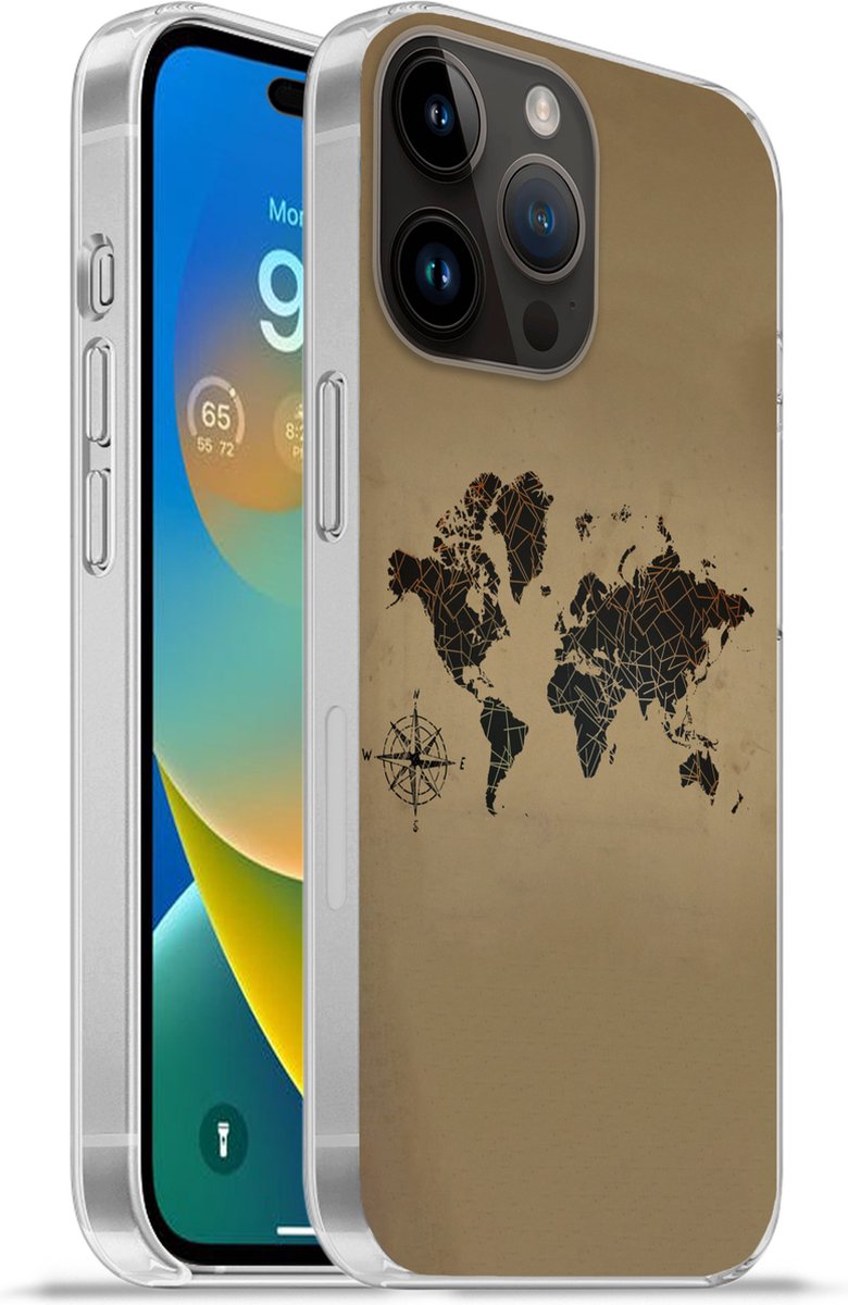 Telefoonhoesje Geschikt voor Apple Iphone 14 Pro hoesje - Wereldkaart - Design - Vintage - Siliconen Telefoonhoesje Telefoonhoesje