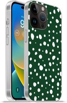 Geschikt voorApple Iphone 14 Pro - Softcase hoesje - Stippen - Wit - Groen - Siliconen Telefoonhoesje