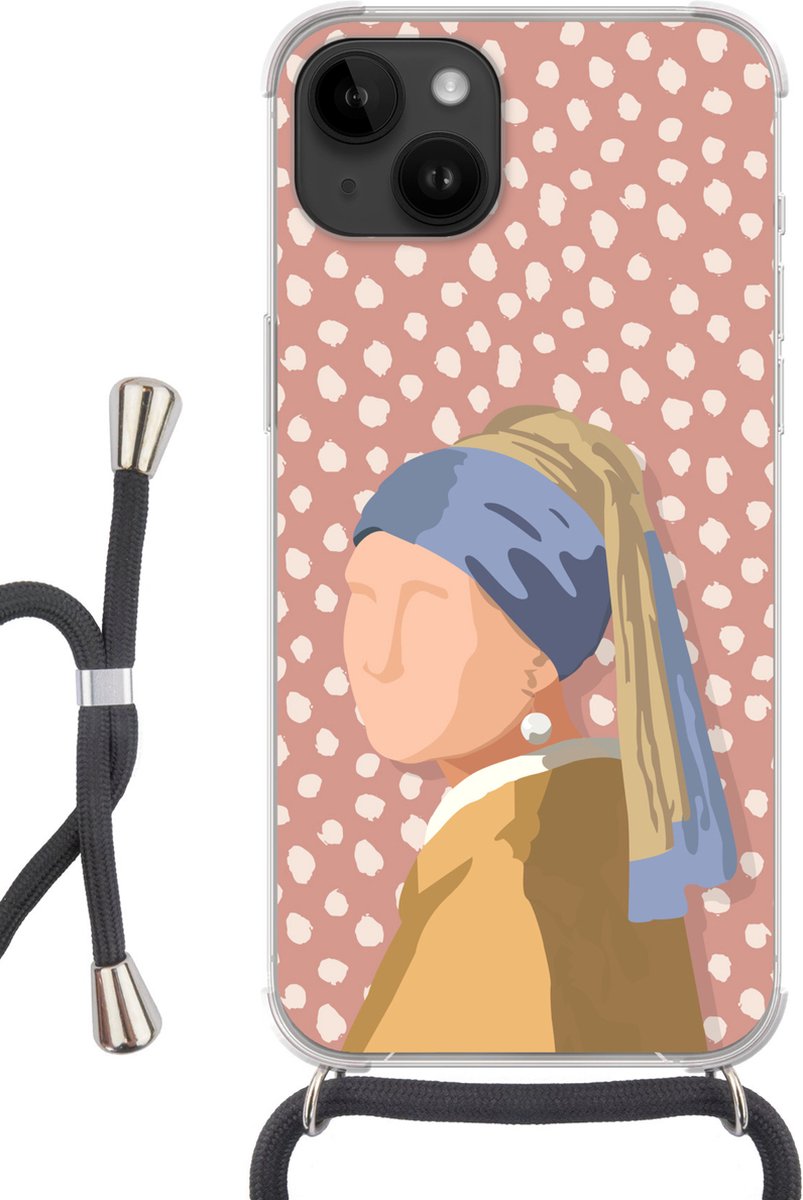 Telefoonhoesje Geschikt voor Apple Iphone 14 - Oude meesters - Meisje met de parel - Stippen - Vintage - Siliconen - Crossbody - Backcover met Koord - Telefoonhoesje met koord - Hoesje met touw Telefoonhoesje