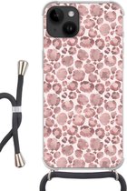 Geschikt voorApple Iphone 14 - Crossbody Case - Panterprint - Roze - Pastel - Luxe - Siliconen - Crossbody - Backcover met Koord - Telefoonhoesje met koord - Hoesje met touw