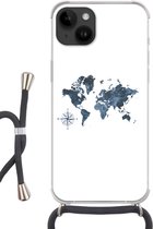 Geschikt voorApple Iphone 14 - Crossbody Case - Wereldkaart - blauw - Kompas - Siliconen - Crossbody - Backcover met Koord - Telefoonhoesje met koord - Hoesje met touw
