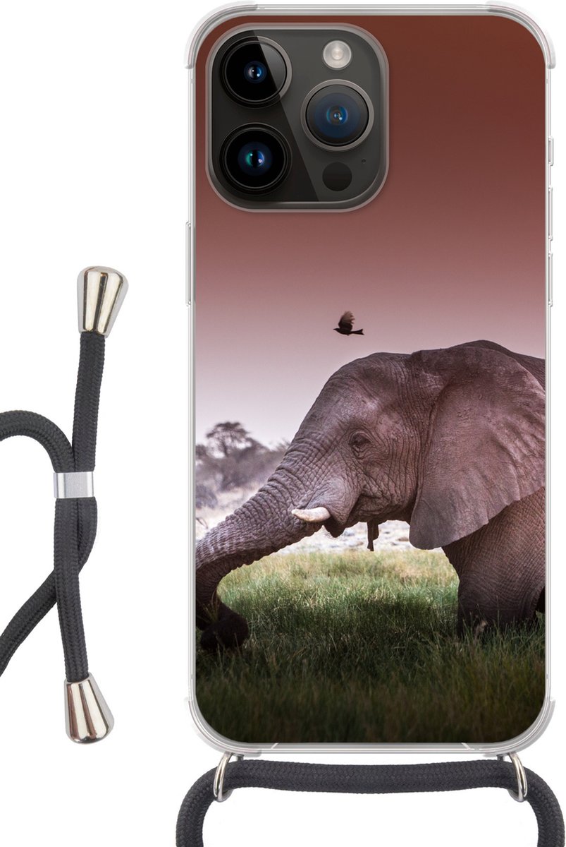 Telefoonhoesje Geschikt voor Apple Iphone 14 Pro - Olifant - Gras - Zon - Dieren - Siliconen - Crossbody - Backcover met Koord - Telefoonhoesje met koord - Hoesje met touw Telefoonhoesje