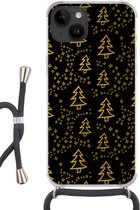 Geschikt voorApple Iphone 14 - Crossbody Case - Kerst - Goud - Zwart - Patroon - Siliconen - Crossbody - Backcover met Koord - Telefoonhoesje met koord - Hoesje met touw