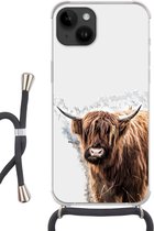 Geschikt voorApple Iphone 14 - Crossbody Case - Schotse hooglander - Verf - Grijs - Siliconen - Crossbody - Backcover met Koord - Telefoonhoesje met koord - Hoesje met touw