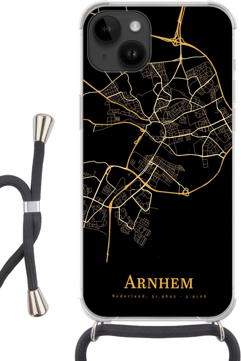 Telefoonkoord - Telefoonketting - Telefoonhoesje Geschikt voor Apple Iphone 14 - Arnhem - Kaart - Goud - Zwart - Siliconen - Crossbody - Telefoonhoesje met koord Telefoonhoesje