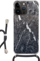 Geschikt voorApple Iphone 14 Pro - Crossbody Case - Marmer print - Grijs - Wit - Siliconen - Crossbody - Backcover met Koord - Telefoonhoesje met koord - Hoesje met touw