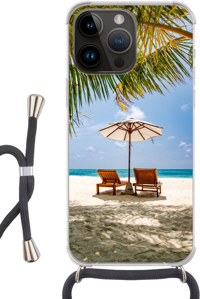 Telefoonhoesje Geschikt voor Apple Iphone 14 Pro - Strand - Strandstoel - Parasol - Siliconen - Crossbody - Backcover met Koord - Telefoonhoesje met koord - Hoesje met touw Telefoonhoesje