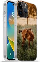 Telefoonhoesje Geschikt voorApple Iphone 14 Pro hoesje - Paard - Gras - Boom - Siliconen Telefoonhoesje