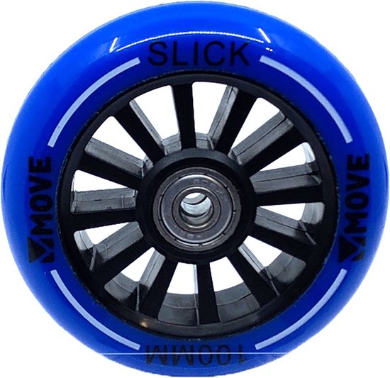 Blauw stepwiel van 100mm met zwarte spaken en de tekst 'SLICK' en 'MOVE'.