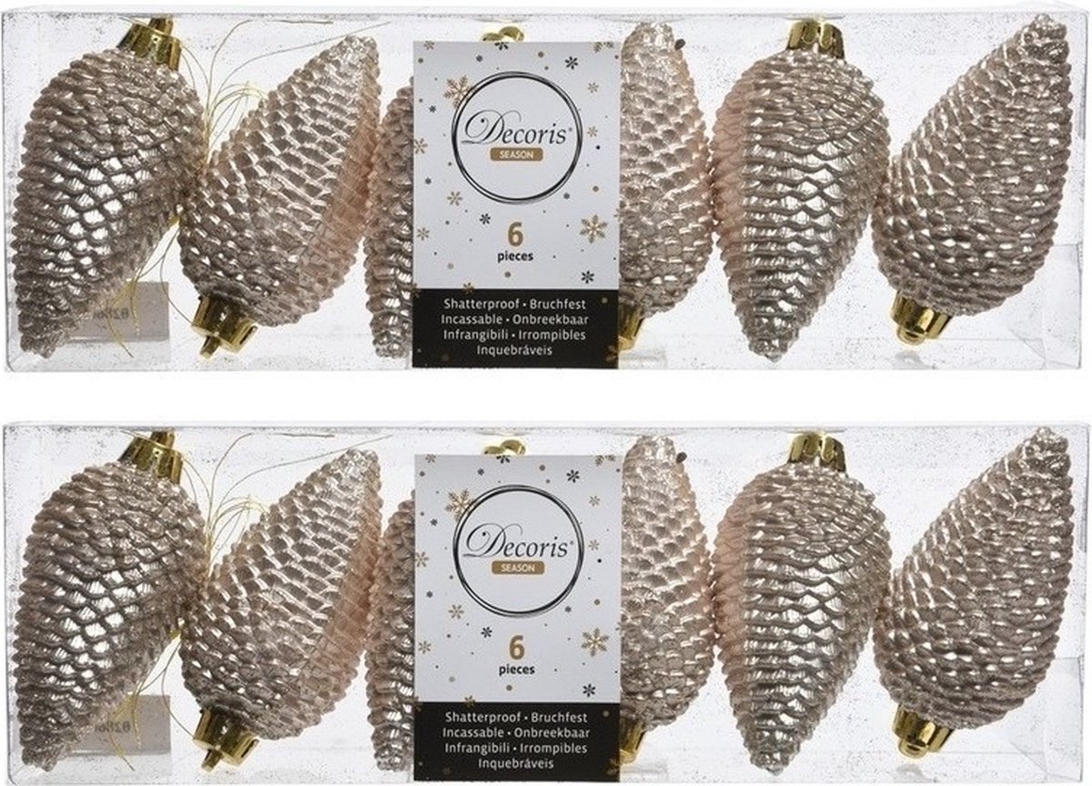 Decoris 12x Licht parel/champagne dennenappels kerstballen 8 cm - Glitter - Onbreekbare plastic kerstballen - Kerstboomversiering licht parel/champagne