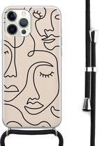 Hoesje met koord - Geschikt voor iPhone 12 Pro Max - Abstract faces - Verstelbaar zwart koord - Transparant, Beige - Print / Illustratie - Leuke Telefoonhoesjes