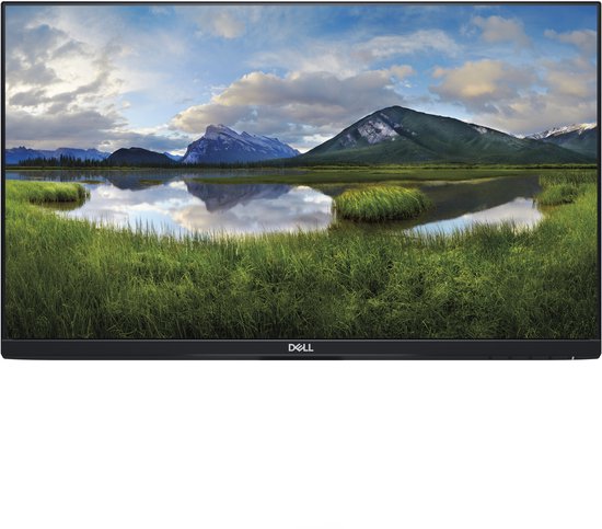 Dell monitor met een landschapsafbeelding van bergen en een meer.