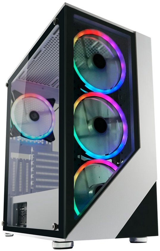Witte computerkast met getint glas en drie RGB-ventilatoren.