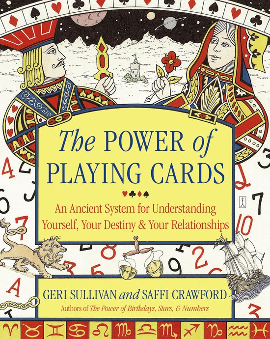 De kaft van het boek 'The Power of Playing Cards' toont een koning en koningin van speelkaarten, met de titel in gele letters. Ook afgebeeld zijn een leeuw, een schip en diverse speelkaart-gerelateerde symbolen.