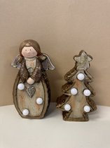 Figurines de Noël avec LED - Set de 2 pièces - Ange de Noël + Sapin de Noël - avec 3 et 5 LED - Marron & or + paillettes - céramique - 16x10x4cm & 15x10x4cm - Décorations de Noël