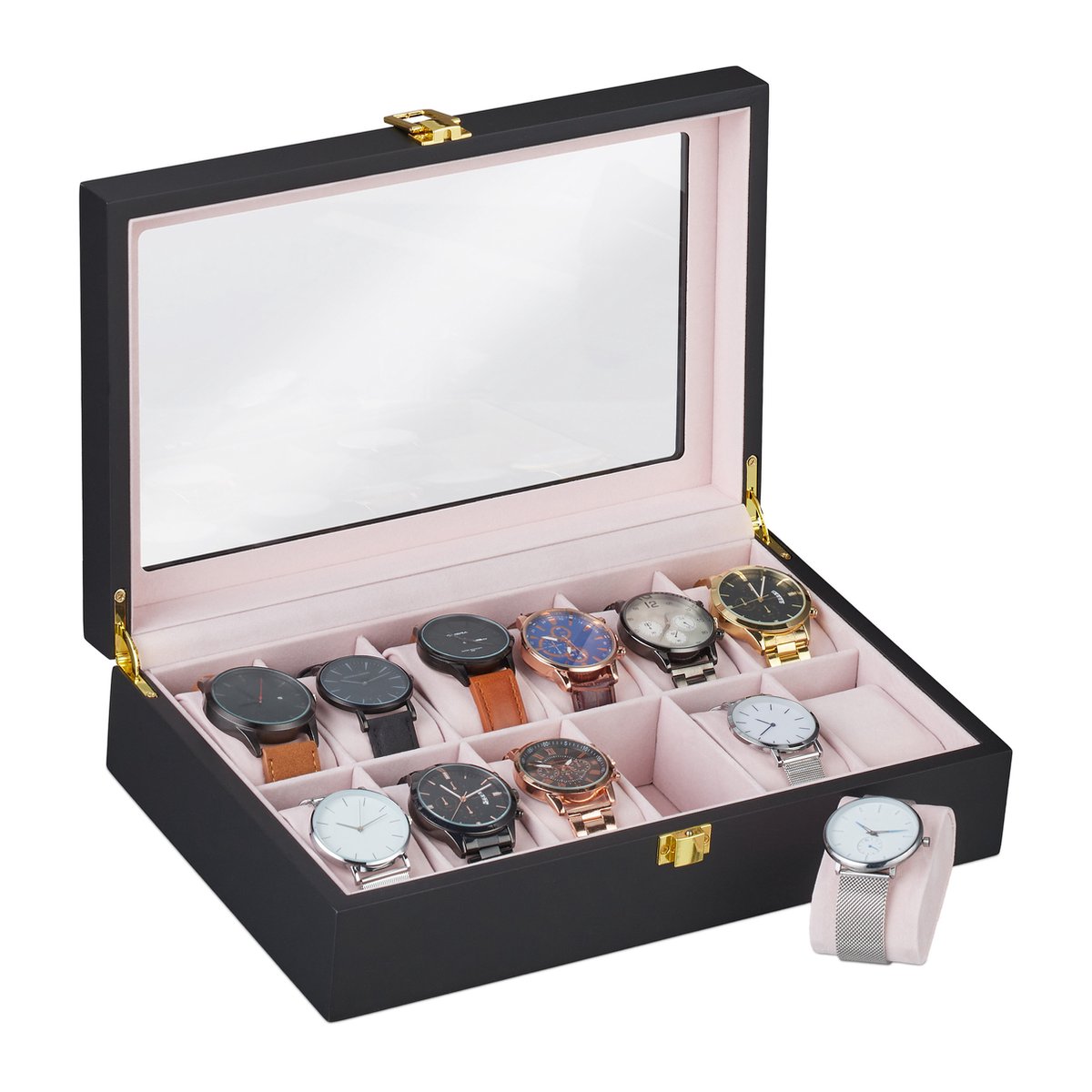 Relaxdays horlogebox - 12 vakken - horlogedoos - fluweel - kijkvenster - zwart-roze