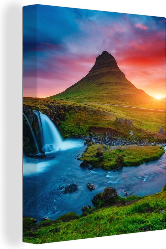 Peinture sur toile - Cascade - Islande - Coucher de soleil - Berg - Tableaux sur toile salon - Chambre à coucher - Toile - 30x40 cm - Décoration murale