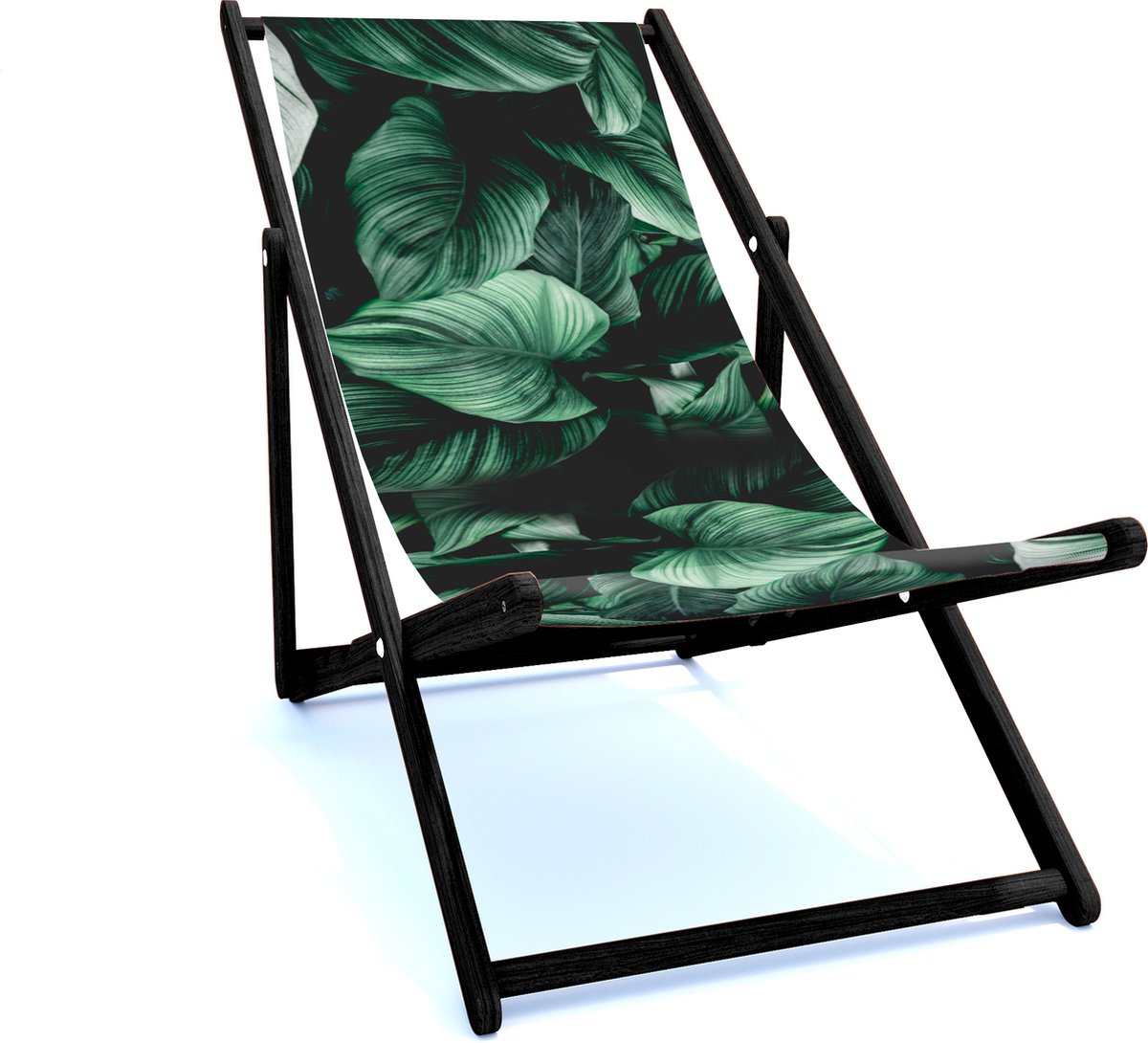 Holtaz Strandstoel Hout Inklapbaar Comfortabele Zonnebed Ligbed met verstelbare Lighoogte met stoffen Bladeren zwart houten frame