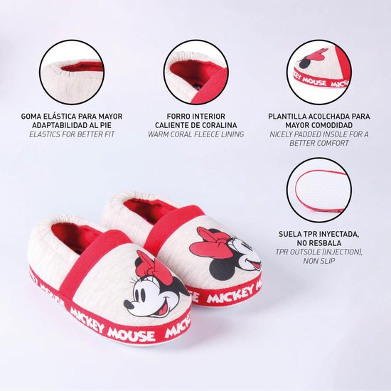 Witte pantoffels met rode bies en opdruk van Mickey Mouse, met details over de voering.