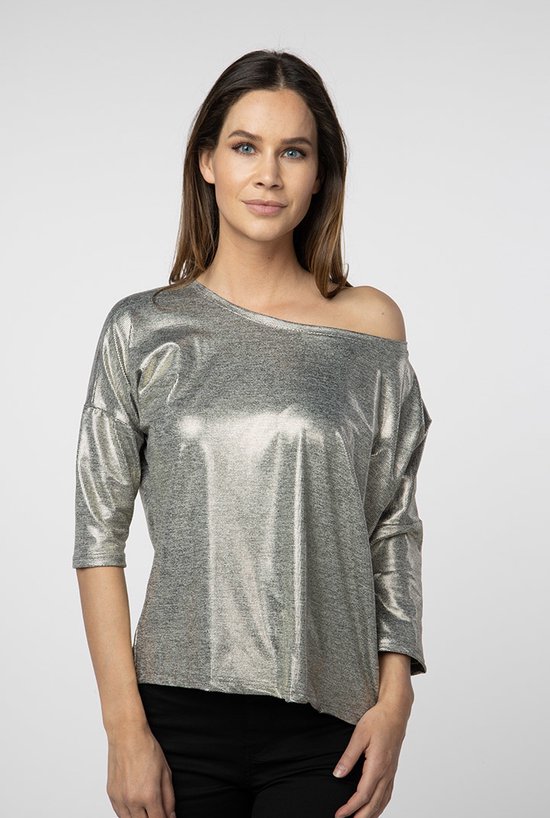Chemisier Femme Fashion Bug Noir Gris Argenté Métallisé - Taille S, Manches 3/4, Occasion Très Bon état