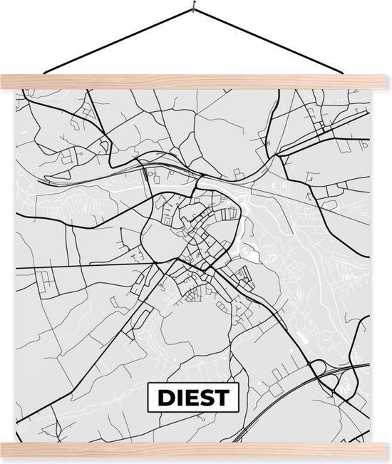 Posterhanger incl. Poster 120x120 cm - Schoolplaat - België – Diest – Stadskaart – Kaart – Zwart Wit – Plattegrond - Textielposter - Blanke latten - Stadskaart