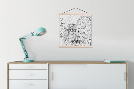 Posterhanger incl. Poster 90x90 cm - Schoolplaat - Kaart - Stadskaart - Grasse - Plattegrond - Frankrijk - Textielposter - Blanke latten - Stadskaart