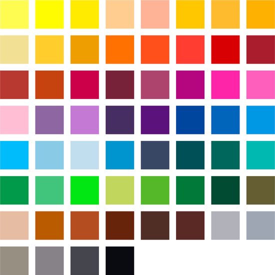 Palette de couleurs avec 60 carrés dans des tons de jaune, orange, rouge, violet, bleu, vert et brun.
