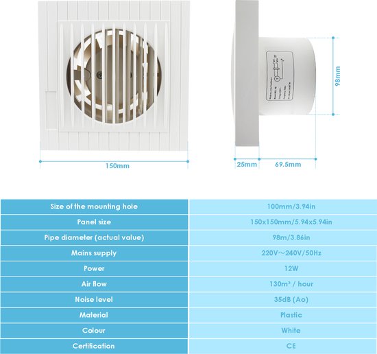 Badkamer ventilator- Toilet - Quiet | zeer stil | (35dB) Ø100mm