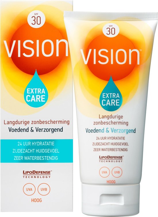 Vision Extra Care zonnebrandcrème met SPF 30 en bijpassende doos, voedend en verzorgend, 24 uur hydratatie.