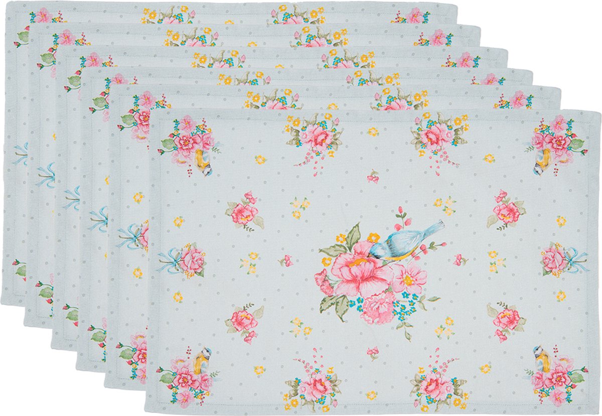 Clayre & Eef Placemats Set van 6 48x33 cm Groen Katoen Bloemen Tafelmat