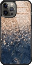 Casimoda® hoesje - Geschikt voor iPhone 12 Pro Max - Marmer Blauw Rosegoud - Luxe Hard Case Zwart - Backcover telefoonhoesje - Blauw