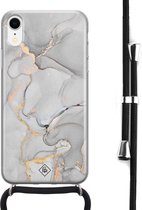 Casimoda® hoesje met koord - Geschikt voor iPhone XR - Marmer Grijs - Afneembaar koord - Siliconen/TPU - Grijs