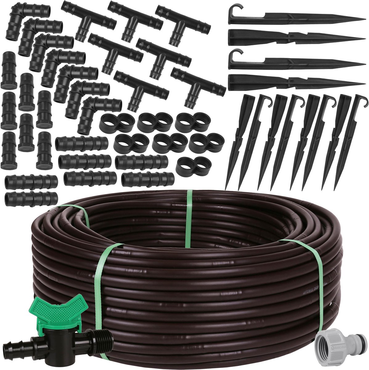 Bruine druppelleiding 16mm - 2.0 l/h + Gardena kraanaansluiting - MADE IN EU / 125m + aansluiting + ventiel