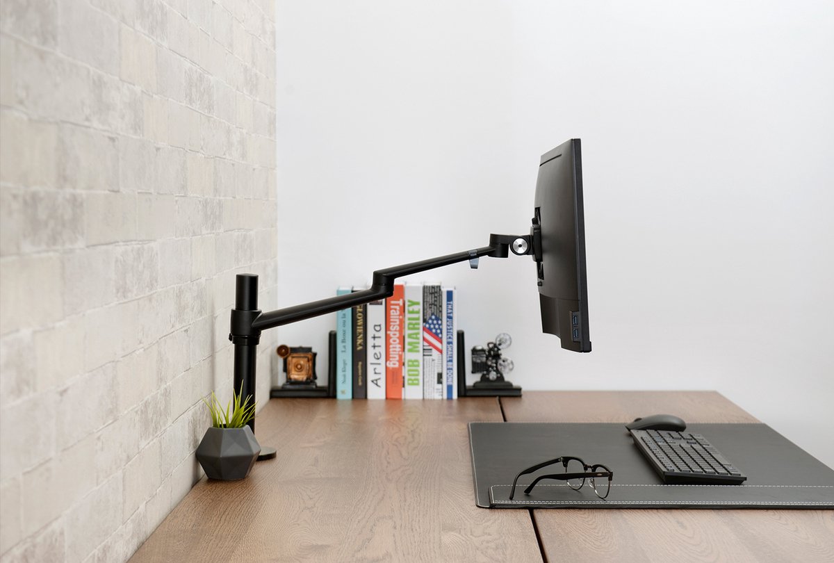 Alberenz Enkele monitorhouder, verstelbare monitorarm voor 17-57 inch monitoren, ideaal voor Ultrawide beeldschermen (ook Curved), ergonomisch ontwerp, in hoogte verstelbaar en kantelbaar, kleur zwart