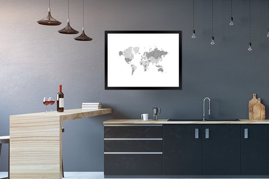 Affiche avec cadre Wereldkaart - Lettres - Grijs - 80x60 cm