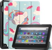 Tablet hoes geschikt voor Amazon Fire 7 (2022) tri-fold hoesje - book case met auto/wake functie - Eenhoorn