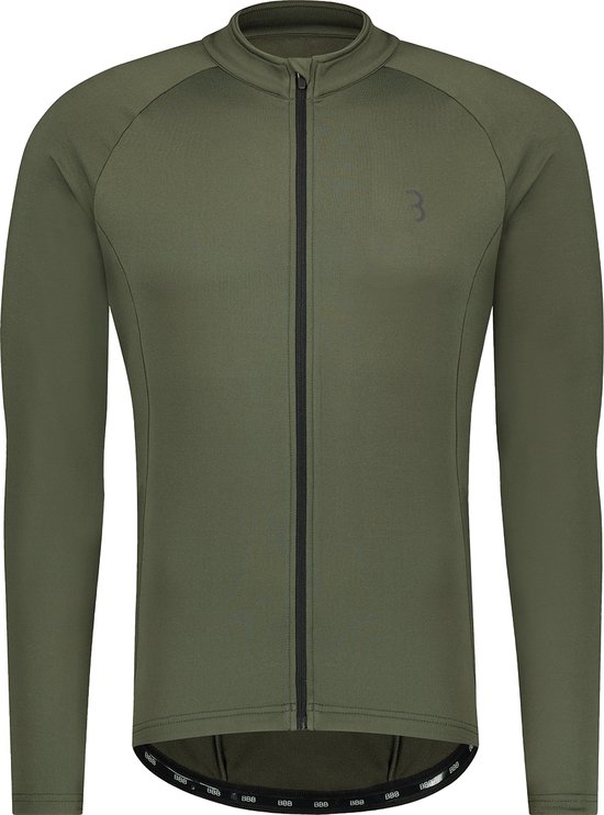 Groen fietsshirt met lange mouwen, op de voorkant een ritssluiting en een BBB-logo.