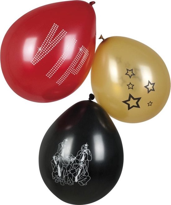 Hollywood Ballonnen VIP - Zwart / Rood / Goud - Latex - 25 cm - Set van 6