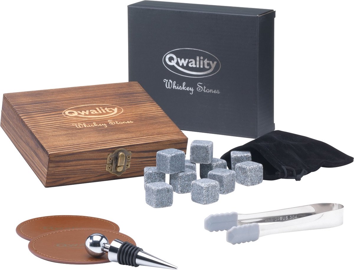 Whiskey Stones Set 18-delig - Whisky Stenen - Luxe Cadeau Set Man Vrouw - IJsklontjes Steen - Herbruikbare ijsblokjes - Qwality®