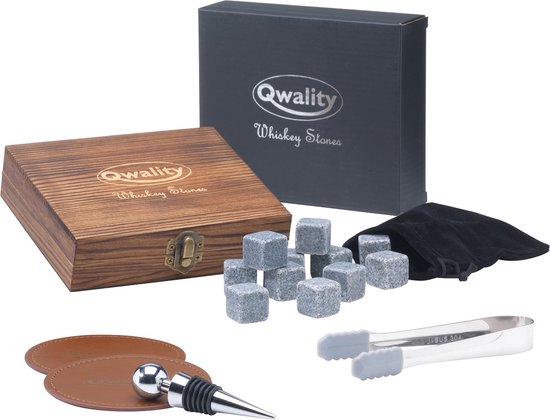 Whiskey Stones Set 18-delig - Whisky Stenen - Luxe Cadeau Set Man Vrouw - IJsklontjes Steen - Herbruikbare ijsblokjes - Qwality®