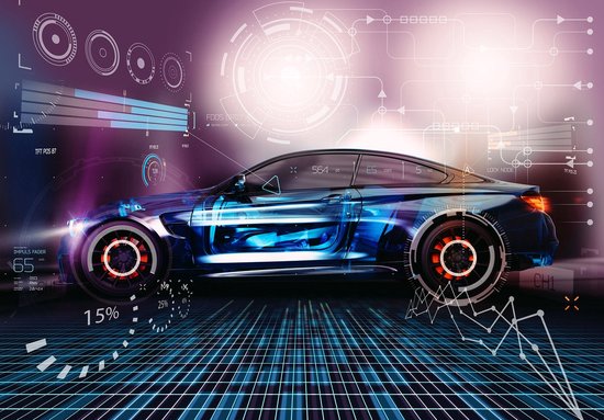 Futuristisch 3D-fotobehang met een blauwe sportwagen, digitale displays en grafieken.