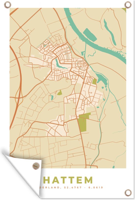 Tuinposter - Tuindoek - Tuinposters buiten - Plattegrond - Hattem - Vintage - Kaart - Stadskaart - 80x120 cm - Tuin