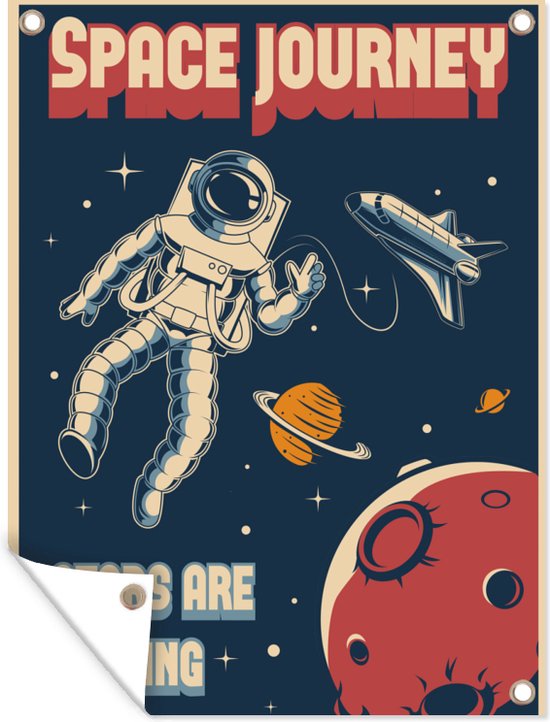 Tuinposter 60x80 cm - Tuindecoratie Space Journey - Astronaut - Ruimte - Retro - Poster voor in de tuin - Buiten decoratie - Schutting tuinschilderij - Tuindoek muurdecoratie - Wanddecoratie balkondoek