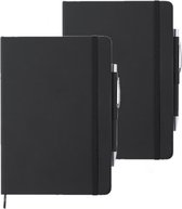 Set van 2x stuks luxe schriften/notitieboekje zwart met elastiek en pen A5 formaat - 100x gelinieerde paginas