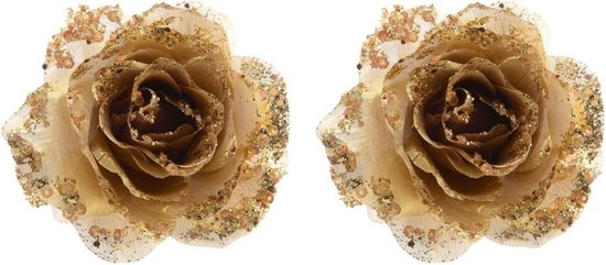 8x stuks gouden glitter rozen met clip 14 cm - Kerst/decoratie kunstbloemen