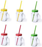 6x stuks Glazen Mason Jar drinkbekers met dop en rietje 500 ml - 2x geel/2x groen/2x rood - afsluitbaar/niet lekken/fruit shakes