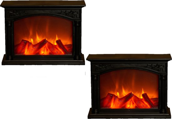 2x stuks sfeerhaarden/open haard zwart met led verlichting L33 x B12 x H24 cm - Woondecoratie/kerstversiering verlichting