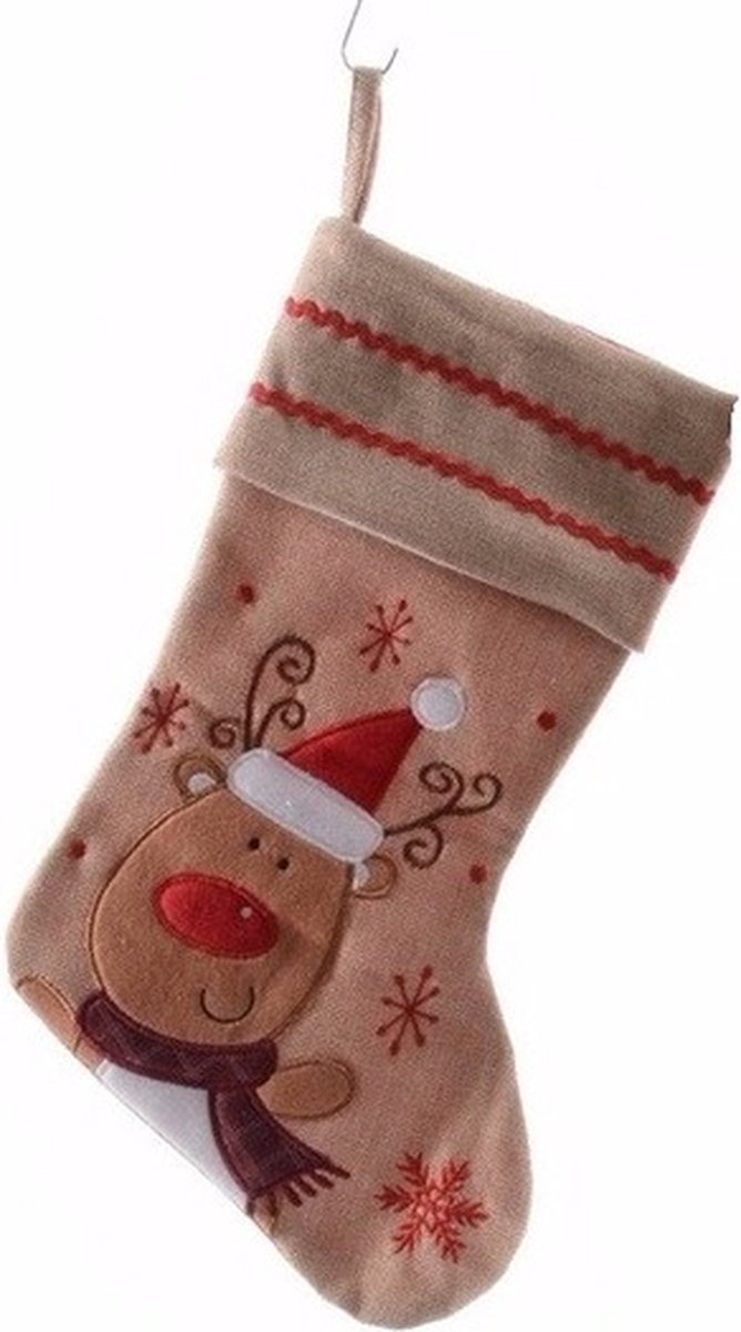 Decoris kerst sok met rendier - bruin - jute - H45 cm - kerstversiering - kerstdecoratie